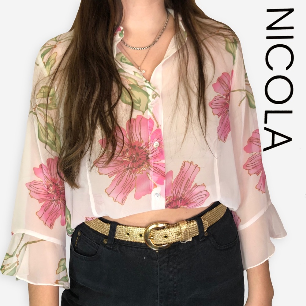 NWT Nicola Sheer Floral Top in White and Pink